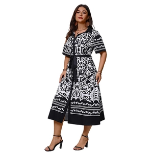 Women's summer black and white print midi shirt dress with V-neck and waist belt