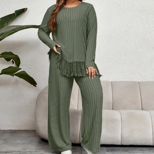 Women's olive green two-piece set featuring irregular tassel hem top and wide-leg knit pants