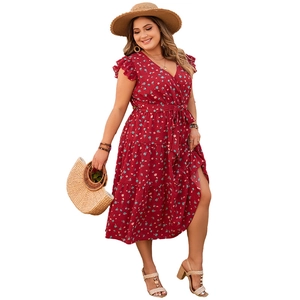 Elegant plus size red floral dress with V-neck, ruffle sleeves and layered skirt