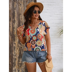 Detail of V-neck printed summer blouse with retro mandala pattern for casual vacation