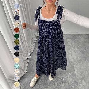 Women plus size summer dot print strap dress with bow shoulders and side pockets