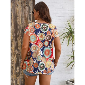 Women's V-neck mandala print summer shirt with bohemian pattern in a casual back view