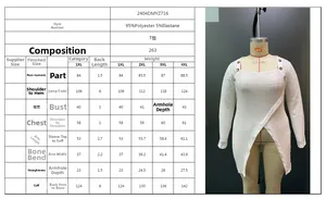 Detailed size chart for white square neck long sleeve top with asymmetric split hemline