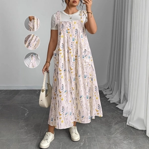 Women summer floral maxi sundress with pockets and adjustable shoulder bow straps