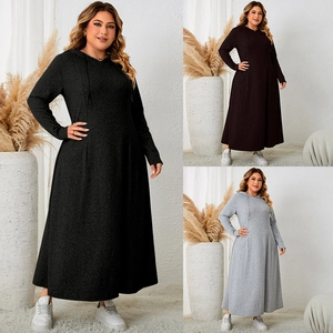 Women Plus Size Hooded Maxi Dress Long Sleeve Casual A-Line Solid Color Autumn Polyester Drawstring Long Dresses