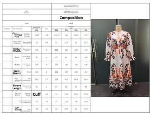 Size chart and fabric specs for a long sleeve floral maxi dress in sizes 1XL to 4XL