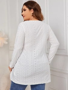 Rear view detail of white long sleeve eyelet lace shirt with hollow out embroidery design