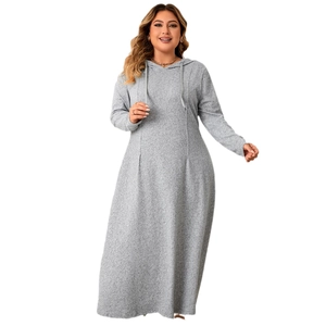 Plus size light grey hooded maxi dress with long sleeves and drawstring for women
