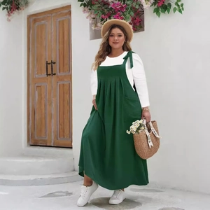 Plus size dark green strap maxi dress with white shirt set for summer vacation wear