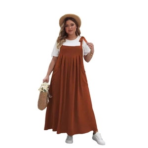 Women's plus size two-piece set featuring white t-shirt and rust orange pinafore maxi dress