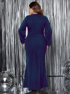 Back view of shimmering dark blue V-neck evening gown with elegant floor-length draping