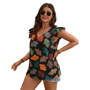Summer V-neck floral blouse with lotus sleeves and colorful ginkgo leaf print in black