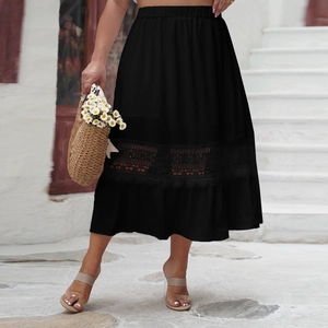 Elegant black midi skirt with high waist, lace cutout details and ruffled hem design