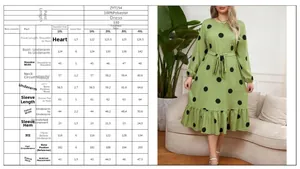 Size chart detail for plus size polka dot dress with long sleeves and ruffled hem