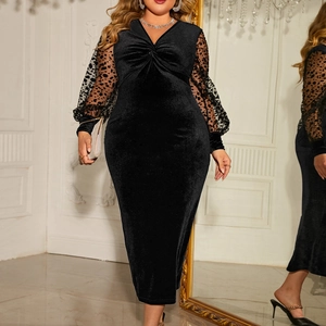 Elegant plus size black velvet V-neck dress with polka dot mesh puff sleeves for evening