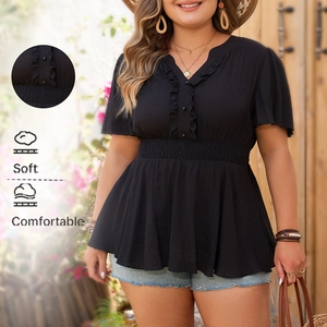 Women Plus Size Solid Color Ruffle V Neck Smocked Waist Short Sleeve Peplum Blouse Fashion Casual Loose Summer Top