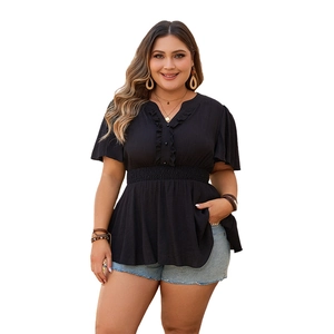 Women's plus size black V-neck shirt with ruffled sleeves and smocked waist design