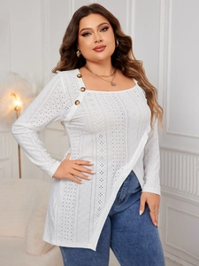 Detail of white long sleeve top with square neck, brown buttons and hollow knit texture