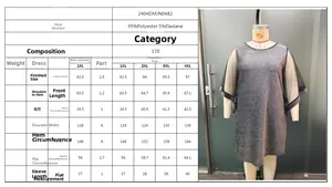 Size chart detail for plus size sequin dress with polyester and elastane fabric info