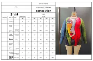 Detailed size chart for women's plus size long sleeve printed knit top with fabric specs