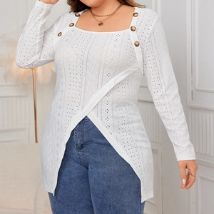 Detail of white long sleeve top with eyelet embroidery and tortoiseshell buttons
