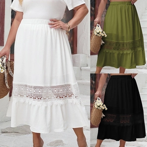 Women's Casual High Waist Midi Skirt Hollow Lace Patchwork Ruffle Hem Solid Color Loose Bohemian Vacation Swing Skirt