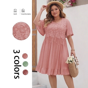 Robe Bohème Grande Taille Col Rond Manches Courtes Femmes Dentelle Gland Imprimé Fleuri Ourlet à Volants Robe Maxi Été