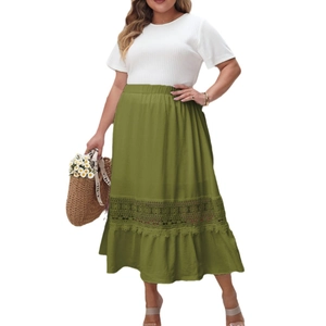 Women's summer set with white short sleeve top and olive green hollow lace maxi skirt