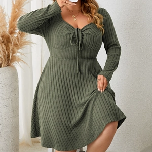 Olive green long sleeve square neck ribbed dress with front lace-up tie detail