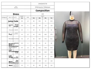Size chart for mesh long sleeve bodycon dress with polyester and elastane fabric specs