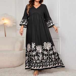 Women's Casual Plus Size V-Neck Bell Sleeve Maxi Dress Tropical Palm Tree Print Bohemian Elegant Loose Fit Resort Wear Long Dress