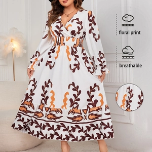 Women's Plus Size Floral Print V-Neck Long Sleeve Maxi Dress Loose Casual Autumn Elegant Bohemian Ruffle Hem Long Dress