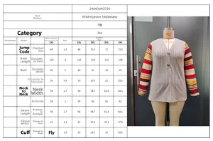 Detailed size chart for plus-size V-neck striped shirt with fabric specifications