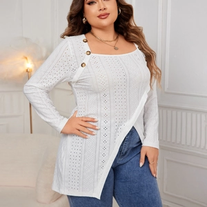 White long sleeve eyelet embroidery shirt with square neck and irregular hem for women
