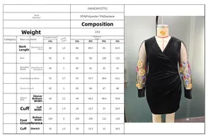 Size chart table for V-neck embroidered mini dress with polyester fabric specifications
