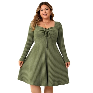 Grass green ribbed long sleeve square neck dress with a front bow and A-line skirt
