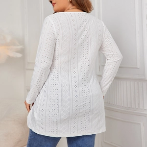 Women's white plus size long sleeve top with bohemian eyelet embroidery and hollow details