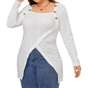 White long sleeve eyelet embroidery blouse with square neck and irregular hemline