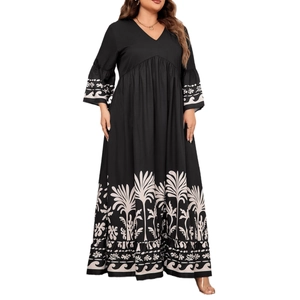 Elegant black V-neck maxi dress with bell sleeves and white tropical palm leaf print
