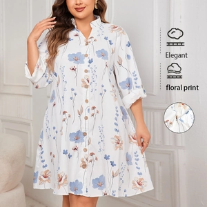 Women Plus Size Floral Print Midi Dress Elegant V Neck Button Up Three Quarter Sleeve Loose Casual White Shirt Dress