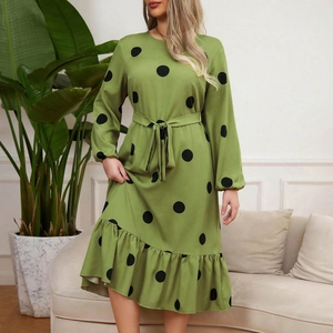 Avocado green long sleeve polka dot dress with waist tie and ruffled hem for women