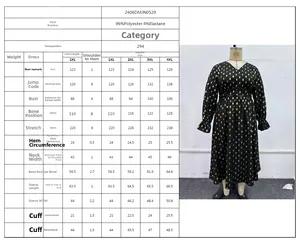 Size chart and fabric details for V-neck long sleeve printed maxi dress in 1XL to 4XL sizes