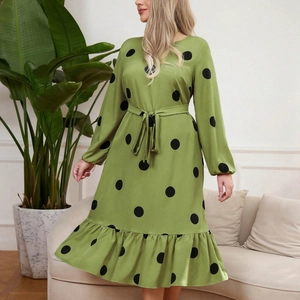 Polka dot long sleeve dress in green with waist tie and ruffled hem for women
