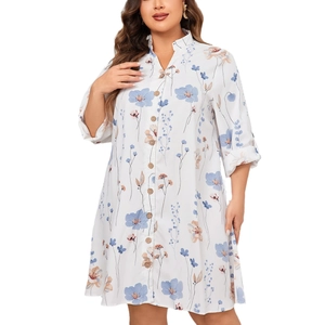 Women's white floral print V-neck shirt dress with 3/4 sleeves and button closure