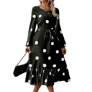 Elegant long sleeve polka dot dress for women featuring a tie waist and ruffled hemline