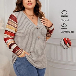 Plus Size Women V Neck Striped Patchwork Ribbed Long Sleeve Top Casual Loose Fit Contrast Color Autumn Winter Shirt Blouse