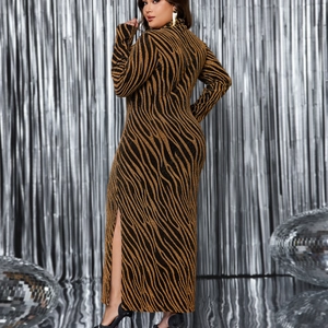 Plus size sequin tiger print maxi dress with long sleeves and a high slit for parties