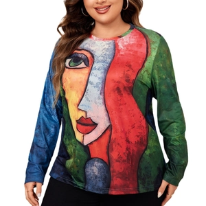 Women's plus size long sleeve knit top featuring colorful Picasso style portrait print