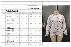Size chart for women's floral long sleeve shirt with detailed product measurements