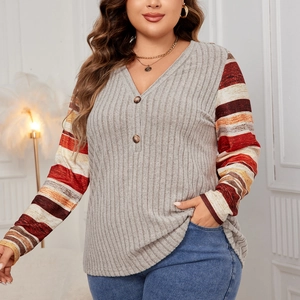 Women's plus size V-neck striped patchwork long sleeve top in casual grey and multi-color